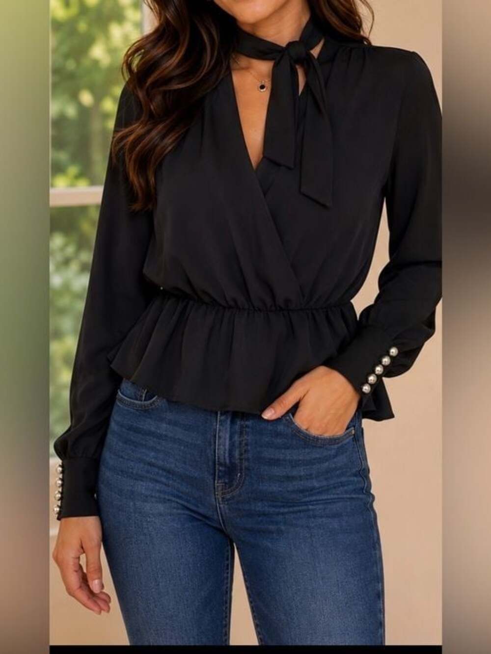 Express Black Tie Neck Peplum Blouse Size XS